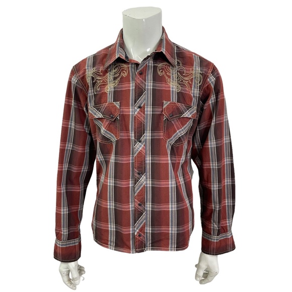 Ely Cattleman 1878 Snap Western Rockabilly Embroidered Shirt Rust Plaid Mens XL - Picture 3 of 11